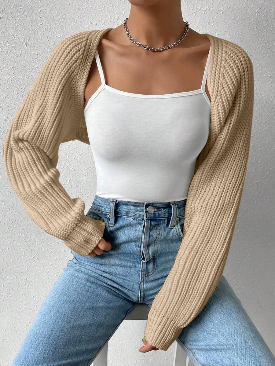 SHEIN EZwear 秋冬女士长袖短款开衫 - 駝色 - 查看 1