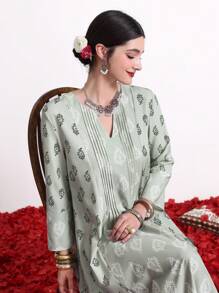 Divindia Vestido Impreso De Estilo Femenino Con Escote En V Y Detalles Plisados