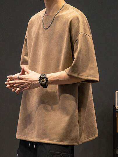 男士休闲简约纯色落肩宽松T恤