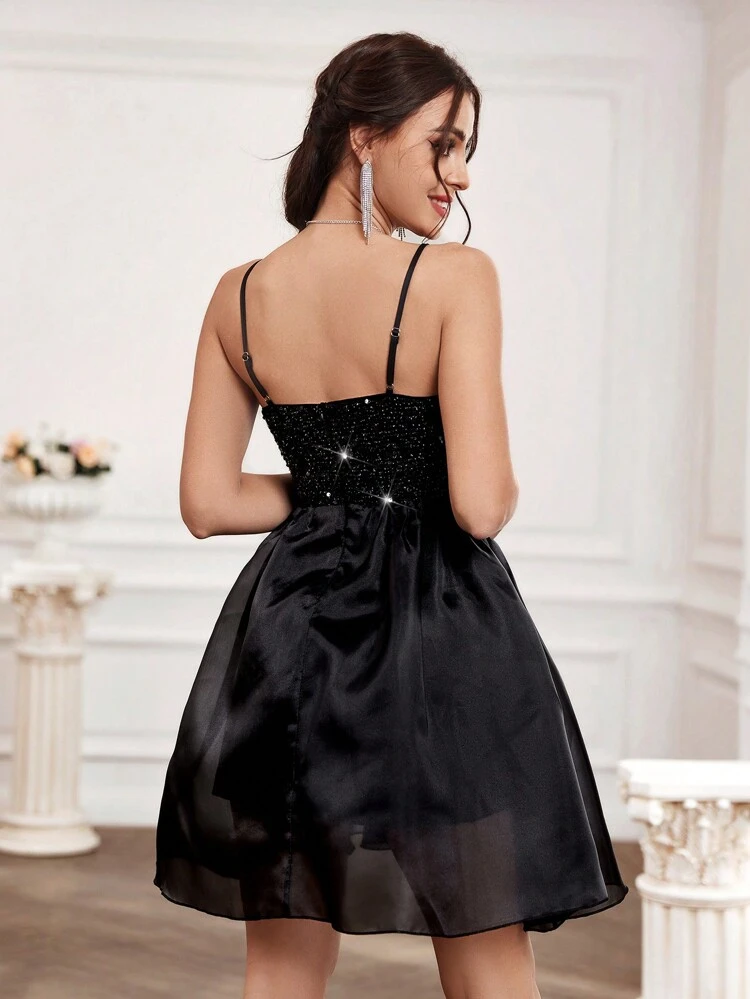 Sequin Panel Spaghetti Strap Cocktail Dress, Semi Formal Dress