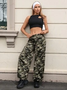 SHEIN EZwear Women's Woven Camouflage Print Long Pants - Army Green - View 3