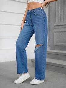 SHEIN Tall Jeans Rotos Lavados - Azul lavado medio - Ver 4