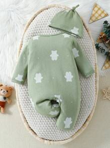 嬰兒男寶寶綠色可愛熊印花長袖連足睡衣 - 綠色 - 查看 2