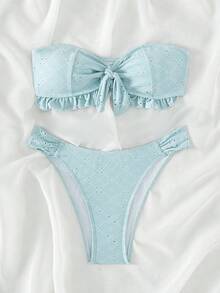 SHEIN Swim Solid Color Textured Two-Piece Bikini Set, Summer Beach - Baby Blue - View 6