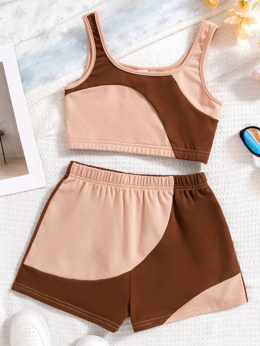 SHEIN 青少女編織拼色背心和寬鬆編織休閒短褲2件套裝 - 卡其色 - 查看 1