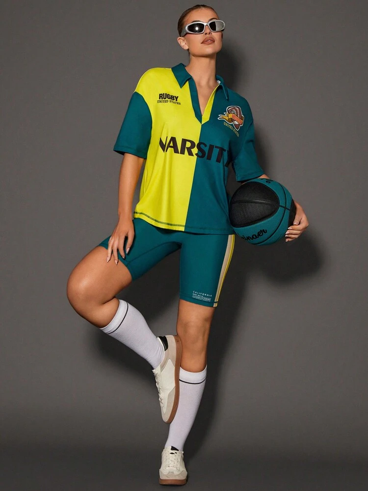 Letter Printed Color Block Drop Shoulder Polo Shirt