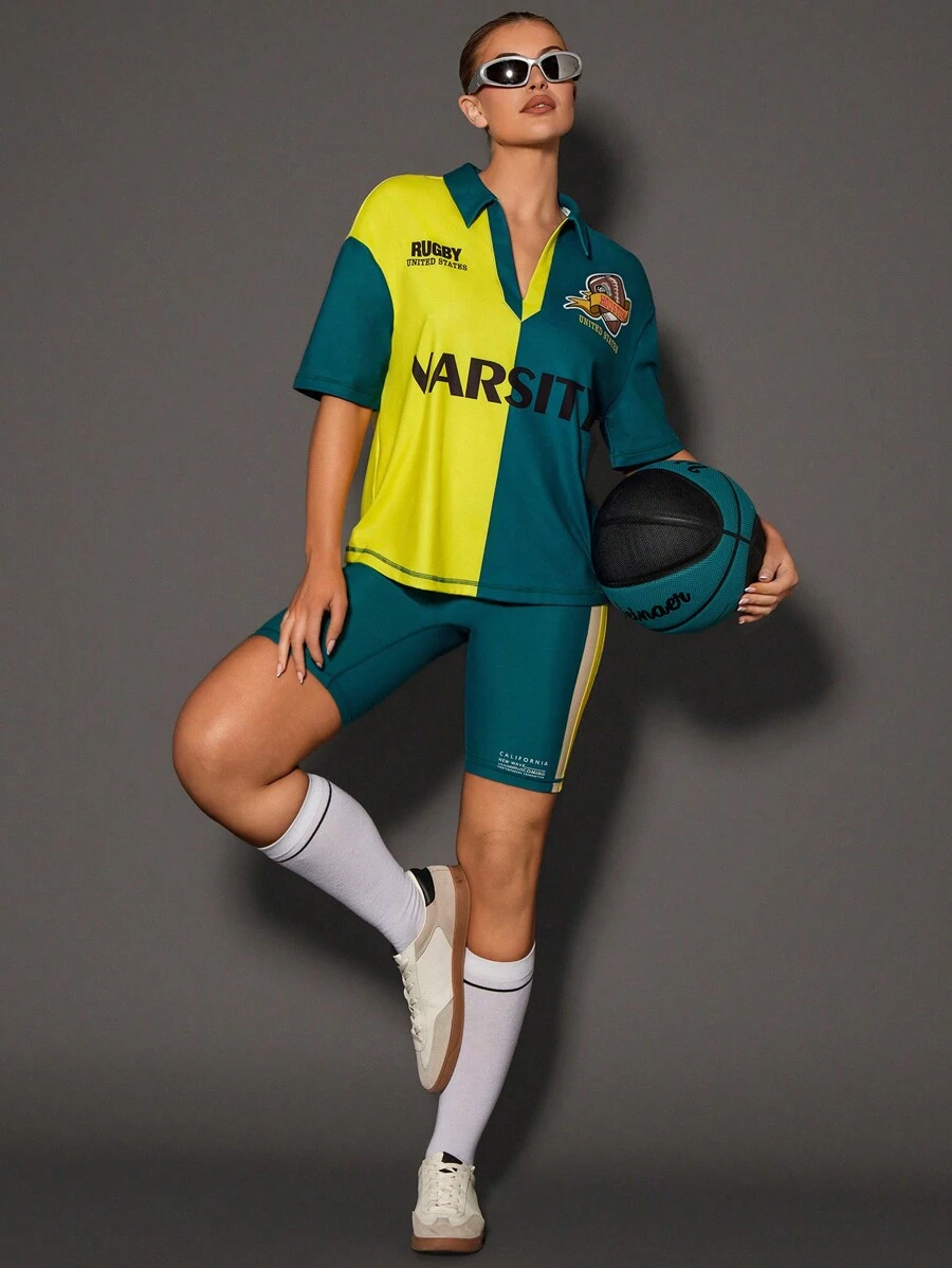 VARSITIE Lá thư In Khối màu Thả vai Áo polo - Nhiều màu - Xem 1