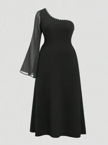 SHEIN Privé Plus Size One Shoulder Chiffon Pearl Beaded Splicing Bodycon Dress