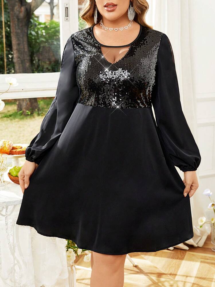 Plus Size Sequin Mesh Contrast Lantern Sleeve Dress Fall Cloth For Women
