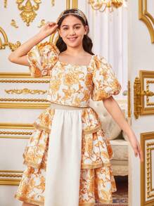 SHEIN Tween Girl Cute Bubble Sleeve Square Neck Cropped Shirt With Floral Print - Yellow - View 4