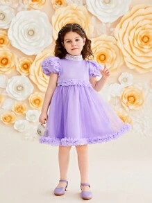 SHEIN Leap Crew 少女 1入組 華麗圓領3d花 & 網紗拼接裙 - 紫色 - 查看 5