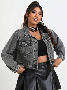 SHEIN EZwear Kích thước lớn Không Căng Ngắn Áo khoác denim Với nút Mặt trước - Màu xanh lam - Xem 1
