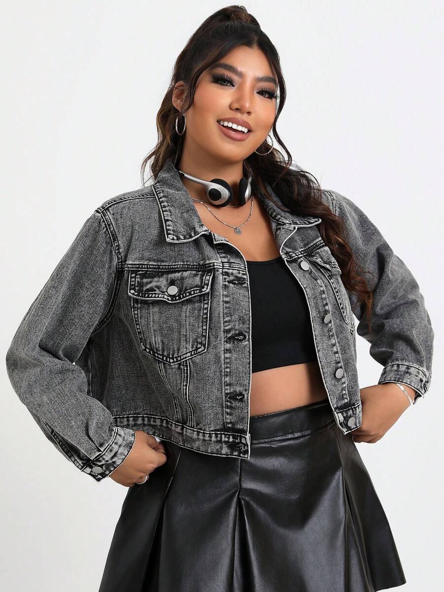 SHEIN EZwear Kích thước lớn Không Căng Ngắn Áo khoác denim Với nút Mặt trước - Màu xanh lam - Xem 1