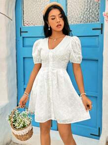 Soleia Vestido Acampanado Con Mangas Abullonadas - Blanco - Ver 5