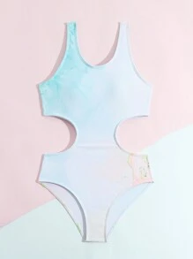 Tween Girl Gradient Hollow Out One Piece Swimsuit With High Waist - Coral Orange - View 3