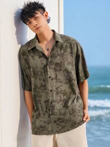 DAZY Men's Floral Print Short-Sleeve Beach Shirt With Pocket For Summer Vacation - Green - View 7