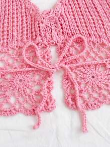 Soleia Áo hở vai đan móc họa tiết hoa 3D cho kỳ nghỉ của phụ nữ, màu trơn - Hồng - Xem 5