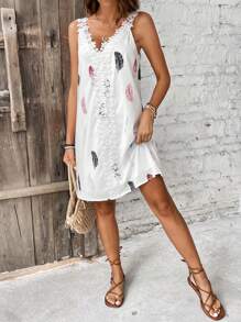 SHEIN Frenchy Women's Basic Feather Printed Cami White Flowy Dress Summer Casual - Multicolor - View 3