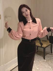 DAZY Women's Colorblock Jacket With Solid Color Knee Length Skirt Set, Women Two Pieces Sets,Fall Clothes - Pink - View 7