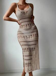 SHEIN Swim 女士實色針織中空無袖罩衣帶有側身縫隙 - 卡其色 - 查看 2