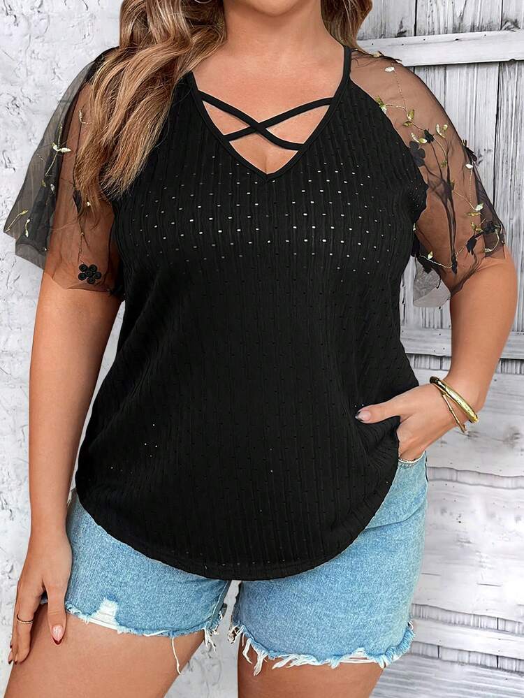 Plus Size Women's Embroidery Mesh Splice Criss Cross Neckline Top