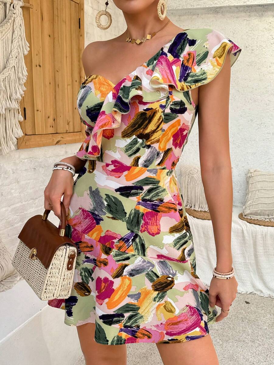 Breezaya Women's Elegant Random Printed Ruffle Hem Dress Vacation Beach Outfit - Multicolor - View 1