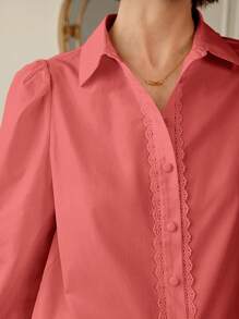 SHEIN Frenchy Solid Lace Trim Button Front Shirt