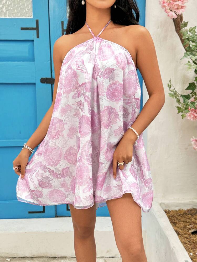 Holiday Floral Print Backless Halter Neck Dress