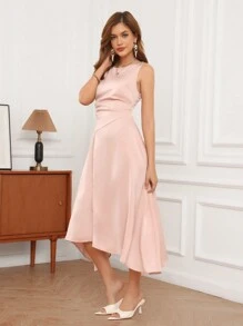 GENKIRA Vestido Sem Mangas De Gola Redonda De Cor Sólida - Rosa Empoeirado - Ver 4