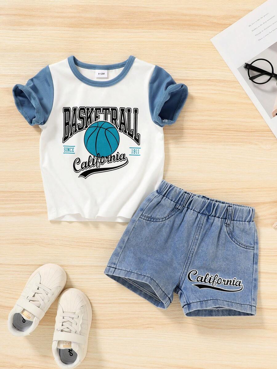 Young Boy's Soft Comfortable Breathable Basketball-Inspired Colorblock Tee With Slogan Pattern And Letter Printed Denim Athletic Shorts, Suitable For Casual, Daily Wear, Vacation Or Outdoors - Multicolor - View 1