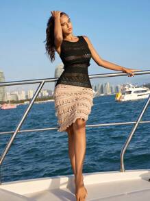 Anewsta Vacation Style Tassel Patchwork Hollow Out Knitted Midi Tight Dress With Round Neckline For Summer