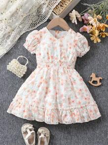 Đứa bé gái 3D Hoa Dệt hoa Cổ chữ V Với Thắt Lưng Váy chữ A - Nhiều màu - Xem 1