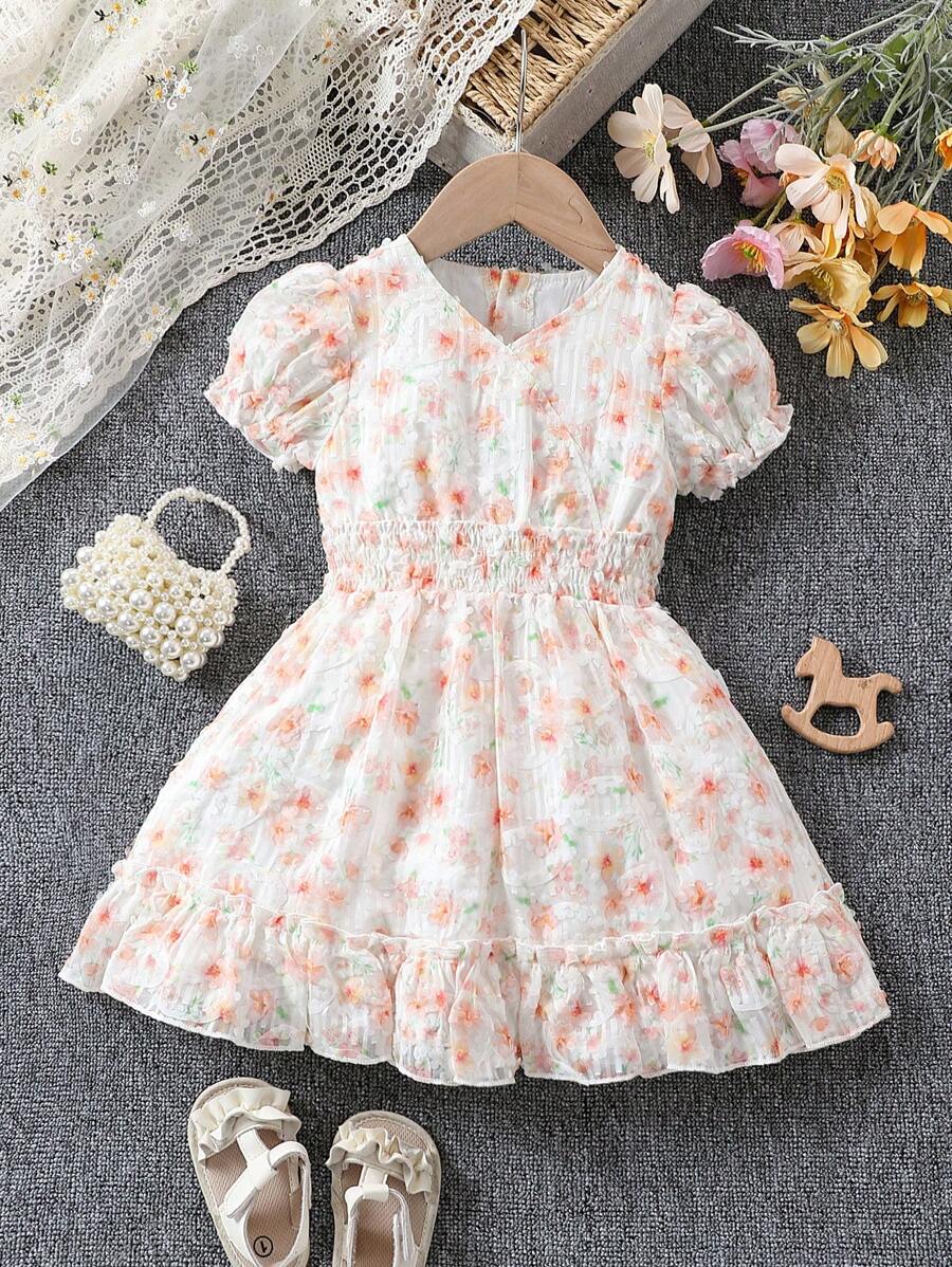 Đứa bé gái 3D Hoa Dệt hoa Cổ chữ V Với Thắt Lưng Váy chữ A - Nhiều màu - Xem 1