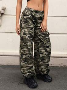 SHEIN EZwear Women's Woven Camouflage Print Long Pants - Army Green - View 1