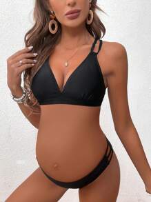 SHEIN Maternity Solid Color Back Cross Bikini Set Set Summer Beach - Black - View 6