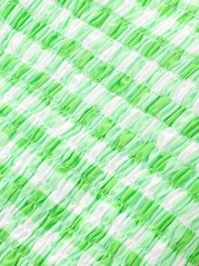 Blusa Para Adolescente Menina, Camisa Verde Xadrez Com Manga Curta Puff E Cintura Elástica Para O Verão