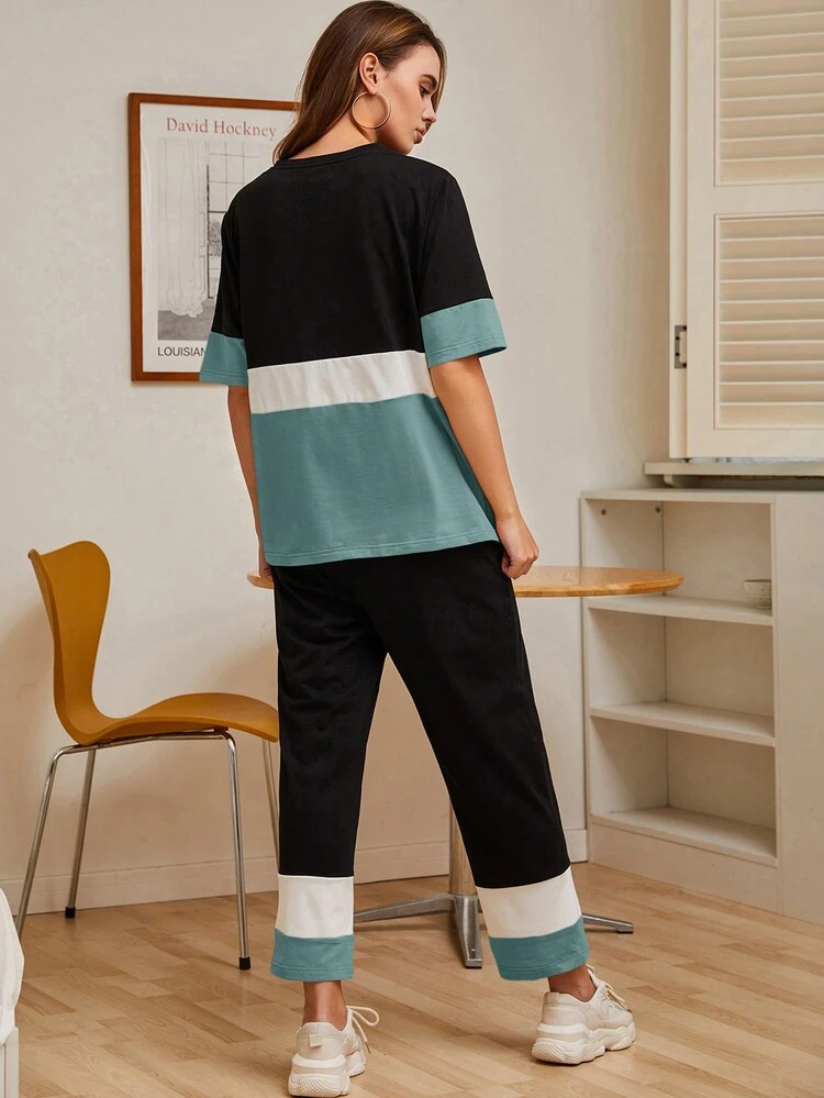 Women's Round Neck Color Block Top And Pants Two-Piece Set 2 Piece Set