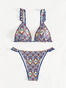 SHEIN Swim Retro All Over Print V-Neck Bikini Set With Ruffle Trim Summer - Multicolor - View 6