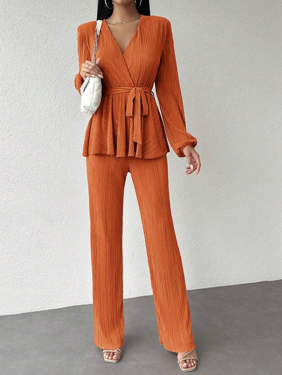 SHEIN Cottnline Surplice Neck Belted Top & Pants - Orange - View 1