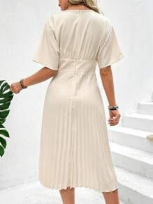 Breezaya Solid Color V-Neck Pleated Waist Dress - Apricot - View 2