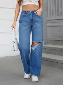 SHEIN Tall Jeans Rotos Lavados - Azul lavado medio - Ver 3