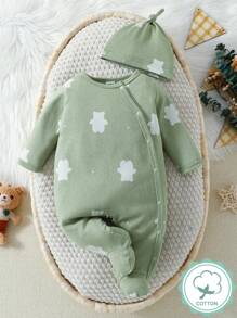 嬰兒男寶寶綠色可愛熊印花長袖連足睡衣 - 綠色 - 查看 1