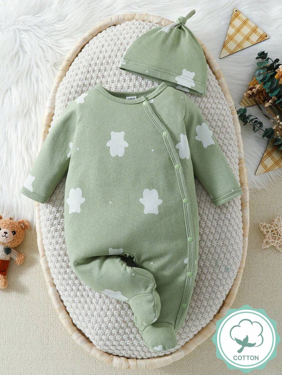 嬰兒男寶寶綠色可愛熊印花長袖連足睡衣 - 綠色 - 查看 1