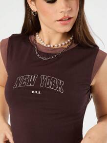 Forever 21 Women's Letter Printed Round Neck Mesh Top And Flared Trousers Set - Brown - View 5