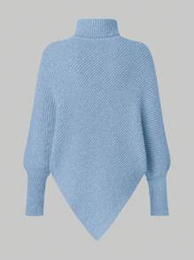 SHEIN LUNE 女士纯色高领蝙蝠袖毛衣，长袖上衣，针织套头衫，秋冬款 - 藍色 - 查看 2