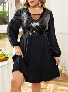 Celure Plus Size Sequin Mesh Contrast Lantern Sleeve Dress Fall Cloth For Women