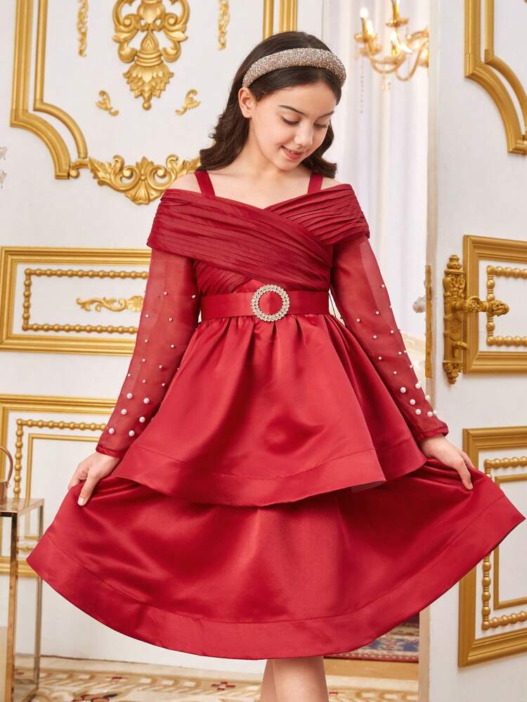 Tween Girls' Adorable Embroidered Cold Shoulder Mesh Dress With Bead Decoration