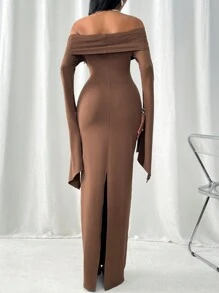 Firerie Quay xuống Vòng cổ Off Shoulder Dài Đuôi cá Hem Đầm - màu nâu - Xem 2