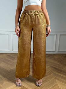SHEIN Essnce Ladies' Fashionable Gold-Colored Wide-Leg Pants - Gold - View 5
