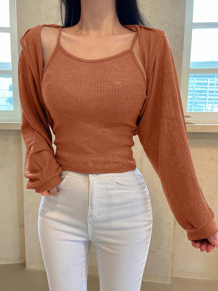 2pcs/Set Women's Solid Ribbed Cami Tank Top And Cropped Cardigan With Open Front